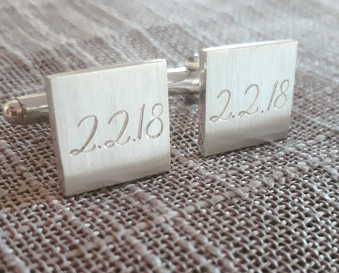 Square sterling silver cufflinks with wedding date or special date engraved