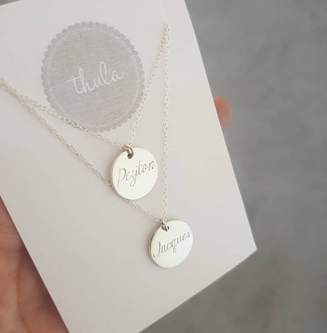 16mm disc necklaces with names engraved (x2)